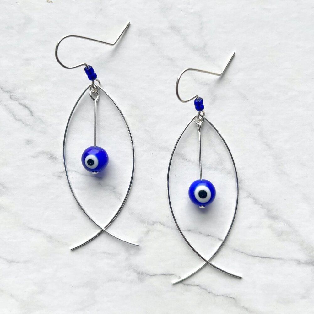 Silver Fish Earrings with indigo Dark Blue Evil Eye Worry Bead